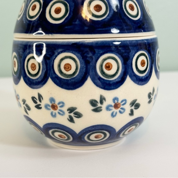 Boleslawiec Polish Pottery Easter Egg Container Candy 5” Handmade White Blue - Picture 7 of 10